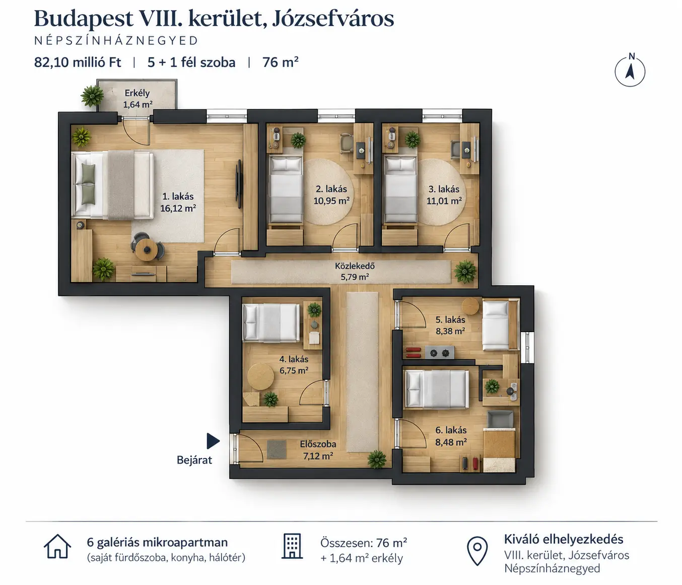 Floor plan of six self-contained micro-units within a 76 square metre Budapest apartment