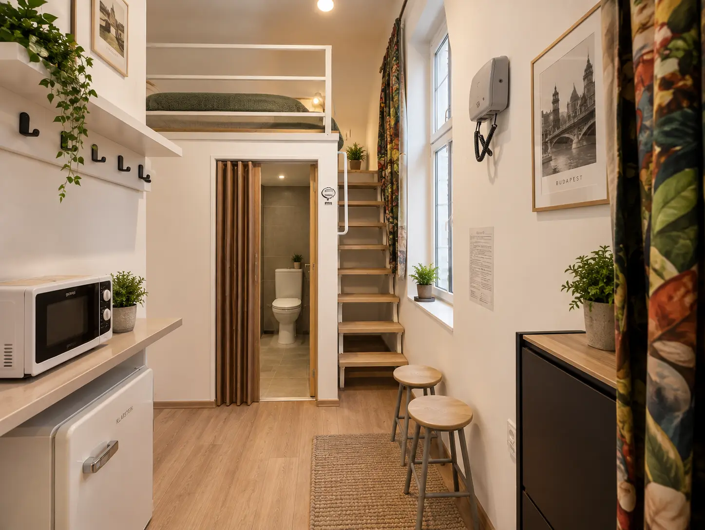 Compact Budapest micro-apartment with kitchenette, private bathroom and gallery bed